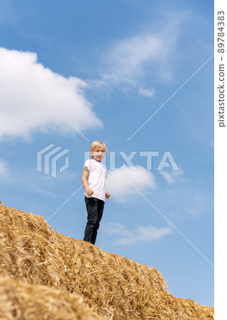 Portrait of fair-haired boy of seven years old on haystack against background of blue skies and clouds. Summer vacation Portrait of fair-haired boy of seven years old on haystack against background of blue skies and clouds. Summer vacation 89784383