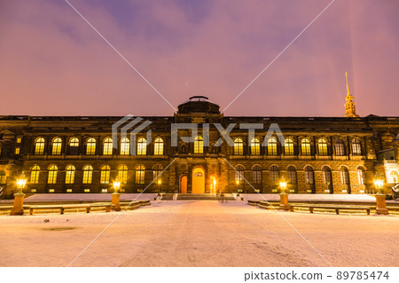 Illuminated Zwinger Palace Snowy Gardens and Old Masters Picture Gallery in Dresden, Germany 89785474