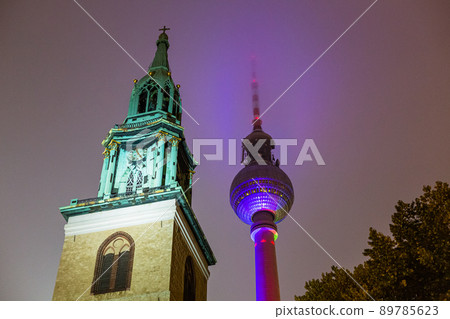 St. Mary's Church and TV Tower illuminated at night in Berlin, Germany St. Mary's Church and TV Tower illuminated at night in Berlin, Germany 89785623