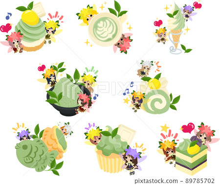 Illustrations of matcha sweets such as taiyaki, cupcakes and square cakes and cute flower fairies Illustrations of matcha sweets such as taiyaki, cupcakes and square cakes and cute flower fairies 89785702