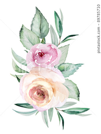 Watercolor light pink flowers and green leaves... - Stock Illustration ...