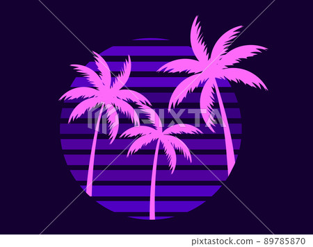 Retro futuristic palm trees in 80s style at sunset. Summer time, palm trees on the background of the sun, synthwave style. Design for advertising brochures and banners. vector illustration Retro futuristic palm trees in 80s style at sunset. Summer time, palm trees on the background of the sun, synthwave style. Design for advertising brochures and banners. vector illustration 89785870