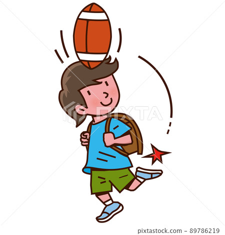 Elementary school students who dexterously put a rugby ball on their head 89786219
