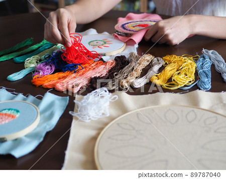 artist home living space woman leisure hobby hand craft embroidery mandala spiritual mental health healing mind pattern handmade design illustration art workshop selective focus 89787040