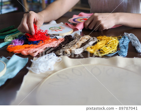 artist home living space woman leisure hobby hand craft embroidery mandala spiritual mental health healing mind pattern handmade design illustration art workshop selective focus 89787041