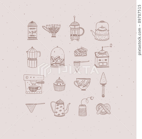 Set of kitchen coffee and tea icons casual peach 89787515