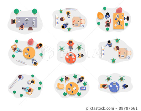 Business people man and woman talking discussing chatting communicating sitting at office desk 89787661
