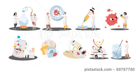 Antivirus vaccine. Scientists conducting scientific researches team of laboratory assistants with test tubes scenes set 89787780