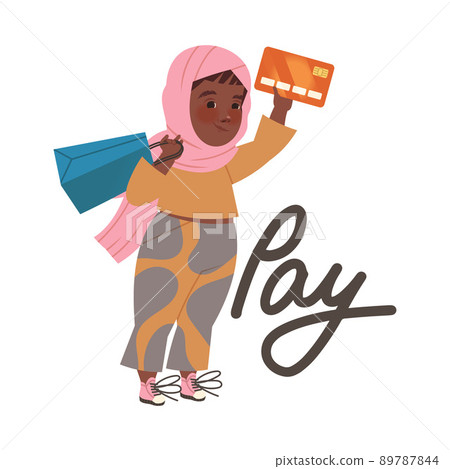Little Muslim Girl in Hijab Paying with Plastic Card as Verb Expressing Action for Kids Education Vector Illustration Little Muslim Girl in Hijab Paying with Plastic Card as Verb Expressing Action for Kids Education Vector Illustration 89787844