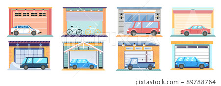 Set of cars near garage in modern building. Place for automobile parking with automatic gates Set of cars near garage in modern building. Place for automobile parking with automatic gates 89788764
