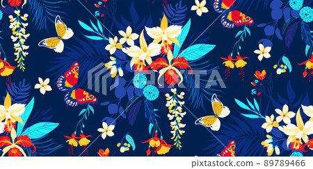 Tropical seamless background with simple flowers Tropical seamless background with simple flowers 89789466