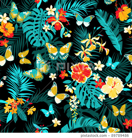 Tropical seamless background with simple flowers Tropical seamless background with simple flowers 89789486