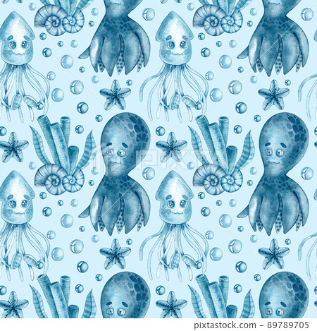 Marine watercolor pattern with marine life Marine watercolor pattern with marine life 89789705