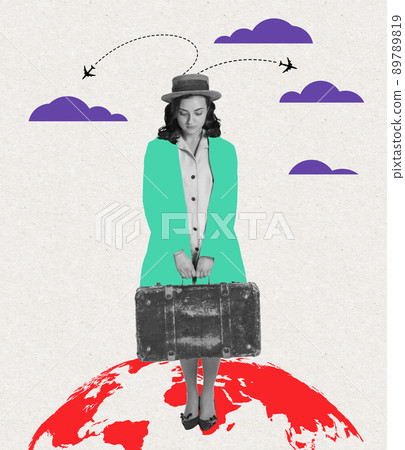 Contemporary artwork. Young woman leaves planet in search of new life, opportunities. Global migration concept 89789819
