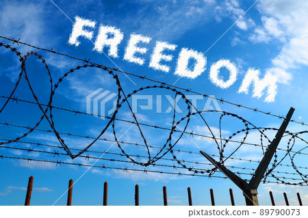 Barbed wire against the blue sky and white clouds. The inscription is blurred in white - freedom. The concept of freedom, human rights, imprisonment, restrictions and violence. 89790073