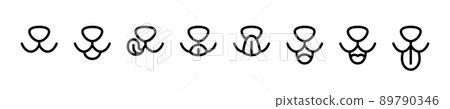 Dog face with tongue hanging out. Dog tongue lick mouth and nose. Happy cat face with open mouth. Icons set. Vector illustration isolated on white background 89790346