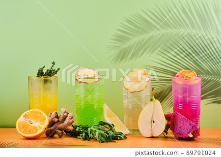 Iced beverages or lemonade in tall glasses 89791024