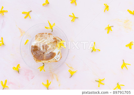 Choux Bun with whipped cream and sugar powder on top. Choux pastry dessert. French cream puff Choux Bun with whipped cream and sugar powder on top. Choux pastry dessert. French cream puff 89791705
