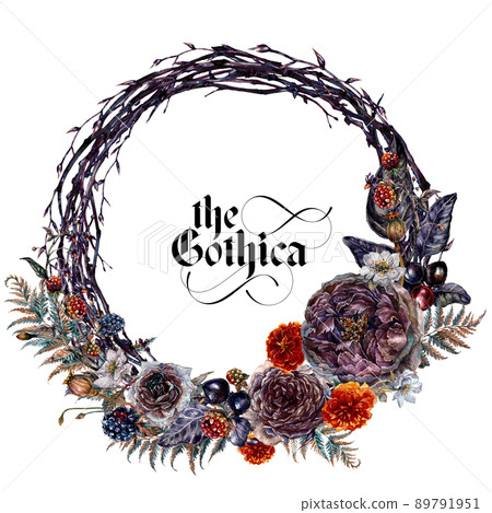 Watercolor Floral Gothic Arrangement Isolated on White Background. Watercolor Floral Gothic Arrangement Isolated on White Background. 89791951
