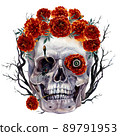 Watercolor Skull and Flowers Halloween Illustration 89791953