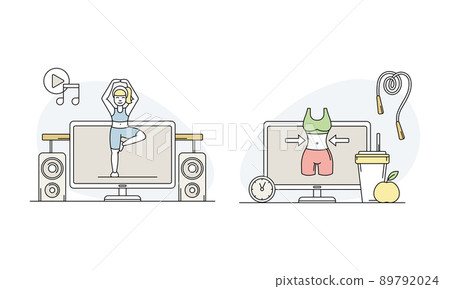 Sport online set. Online coach program and calorie counting app. Personal sports training vector illustration Sport online set. Online coach program and calorie counting app. Personal sports training vector illustration 89792024