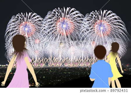 [夏日形象] 青年男女仰望煙花的背影。 89792431