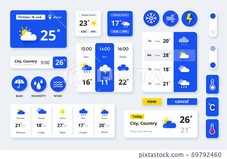 Weather app widget. Ui icon for screen. Week or day climate forecast. Mobile meteorology with temperature graphic. Clouds, sun or rain. Application interface elements set. Vector illustration template Weather app widget. Ui icon for screen. Week or day climate forecast. Mobile meteorology with temperature graphic. Clouds, sun or rain. Application interface elements set. Vector illustration template 89792460