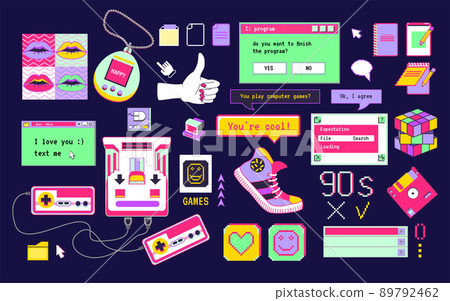 Cool patch with fashion doodle elements. Pop neon Memphis collage. Comic fun art. Computer interface frame. . Pixel symbols. Vector retro design icons set Cool patch with fashion doodle elements. Pop neon Memphis collage. Comic fun art. Computer interface frame. . Pixel symbols. Vector retro design icons set 89792462