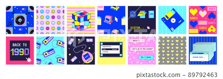 Retro 90s stickers. Abstract colorful 1990s square posters, nostalgia elements and patterns, vintage browser dialog tab, retro computer interface, technology digital background, vector cartoon set Retro 90s stickers. Abstract colorful 1990s square posters, nostalgia elements and patterns, vintage browser dialog tab, retro computer interface, technology digital background, vector cartoon set 89792463