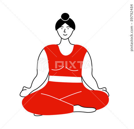 Body pose. Meditating woman. Person practicing yoga. Female sitting in lotus asana. Calm and harmony. Relaxing posture. Girl doing sport exercise. Concentration training. Vector meditation position 89792484