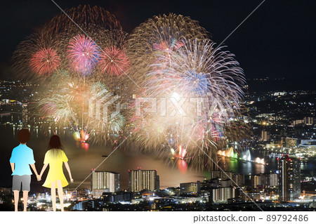 Fireworks display. Image of summer love. Fireworks display. Image of summer love. 89792486