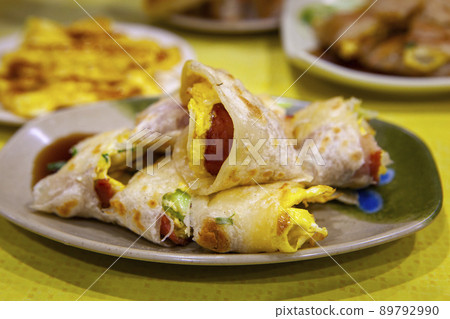 台灣美食，蛋餅，火腿蔬菜蛋餅，台湾料理、卵ケーキ、ハム野菜卵ケーキ、Taiwanese food, 89792990