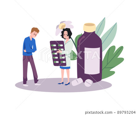 Patient seeks help from naturopath or homeopath doctor, flat vector isolated. 89793204