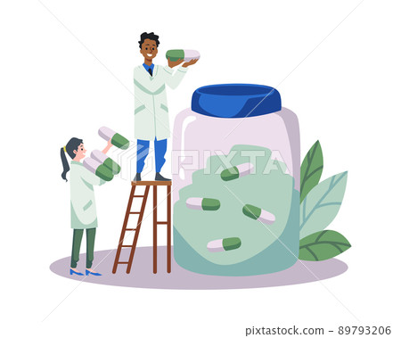 Characters in medical gowns put pills in huge transparent glass jar flat style 89793206