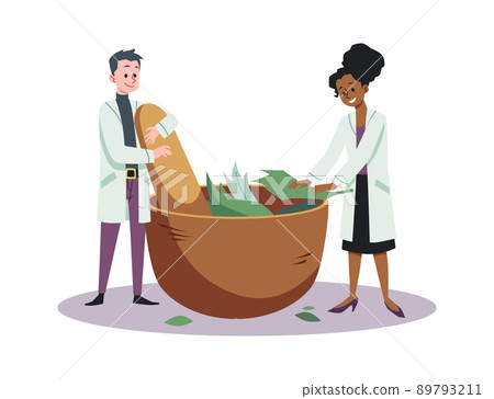 Homeopaths or pharmacists mixing natural ingredients, flat vector isolated. 89793211