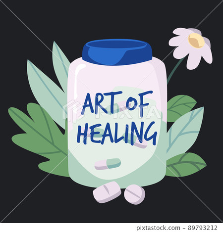 Glass jar with pills among grass and flowers flat style 89793212