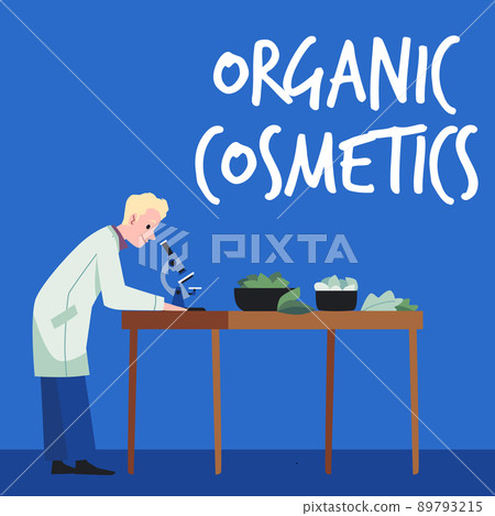 Organic cosmetics banner with pharmacist preparing natural products, flat vector. 89793215