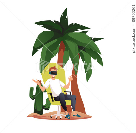 Happy man sitting in office chair on the beach in VR glasses, flat vector illustration isolated on white background. 89793261