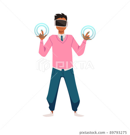 Fashionable standing young man in virtual reality glass exploring new space in metaverse flat style Fashionable standing young man in virtual reality glass exploring new space in metaverse flat style 89793275