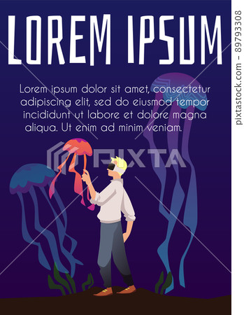 Man exploring underwater world in VR glasses or headset, poster with text, flat vector illustration. 89793308