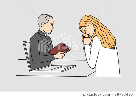 Woman pray during online church service Woman pray during online church service 89793450