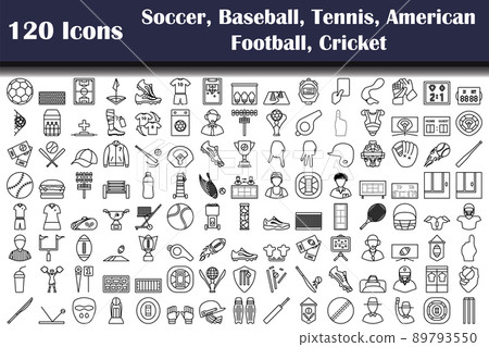 Set of 120 Soccer, Baseball, Tennis, American Football, Cricket icons Set of 120 Soccer, Baseball, Tennis, American Football, Cricket icons 89793550