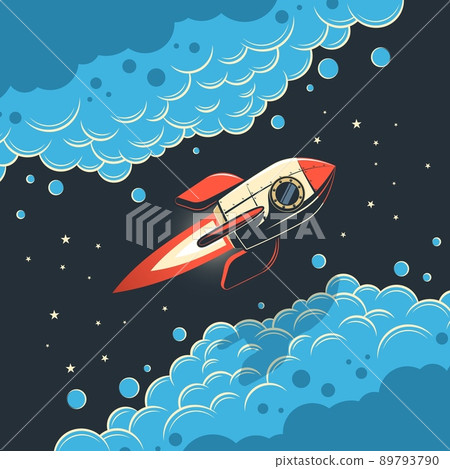 Retro rocket flies in space among swirling clouds. Retro rocket flies in space among swirling clouds. 89793790