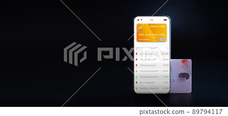 Online payment. Mobile phone with internet online bank app. Credit card on black background. Online wallet save money. 89794117