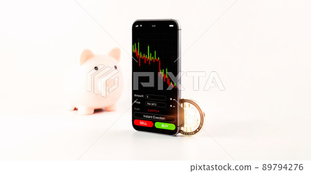 Bitcoin wallet. Gold crypto currency BTC bitcoin, pink piggy bank. Crypto currency trading mobile phone application on white background. Save virtual money concept. 89794276