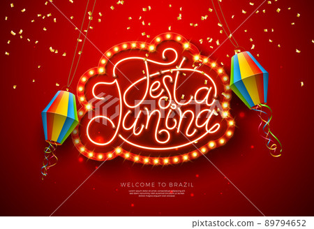 Festa Junina Illustration with Paper Lantern, Falling Confetti and Glowing Neon Light Lettering on Red Light Bulb Billboart Background. Vector Brazil June Festival Design for Greeting Card, Banner or Festa Junina Illustration with Paper Lantern, Falling Confetti and Glowing Neon Light Lettering on Red Light Bulb Billboart Background. Vector Brazil June Festival Design for Greeting Card, Banner or 89794652