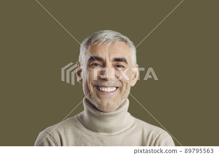 Close up portrait of happy white-haired man with positive sincere smile and friendly expression. 89795563