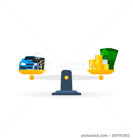 Flat illustration with gold money scale car. Vector flat people illustration 89795801