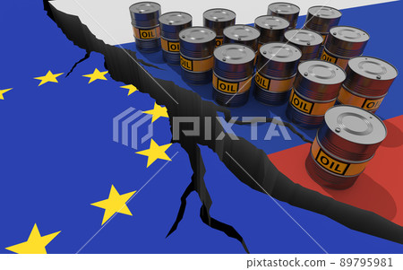 Oil sanctions against Russia. Conceptual 3D illustration. Oil sanctions against Russia. Conceptual 3D illustration. 89795981