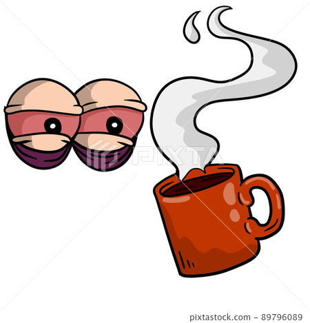 Tired eyes. Insomnia and a red coffee mug. Tired eyes. Insomnia and a red coffee mug. 89796089